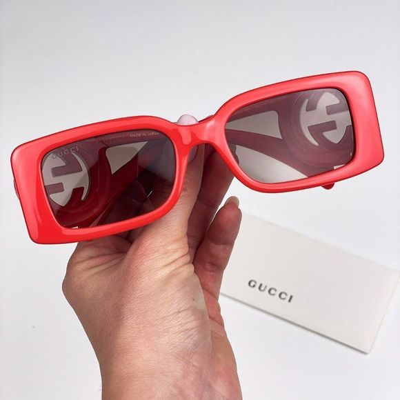 Gucci GG1325S 005 Sunglasses Red Brown Gradient Rectangle Women - Picture 2 of 14